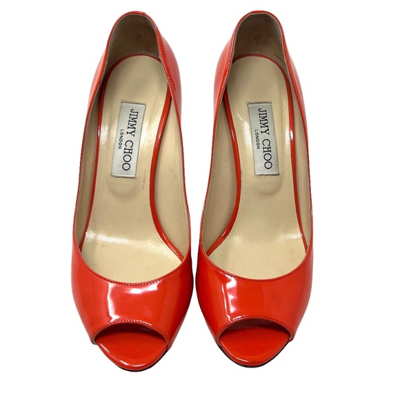 Jimmy Choo Patent Leather Orange Red Wedge Peep Toe Heels - Picture 6 of 9